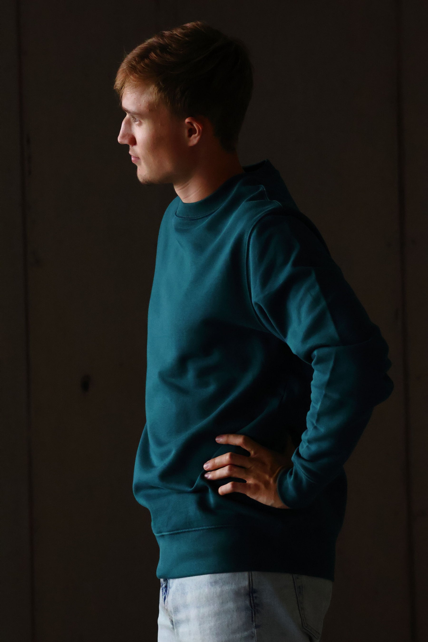 Essentials sweatshirt in Racing Green, worn